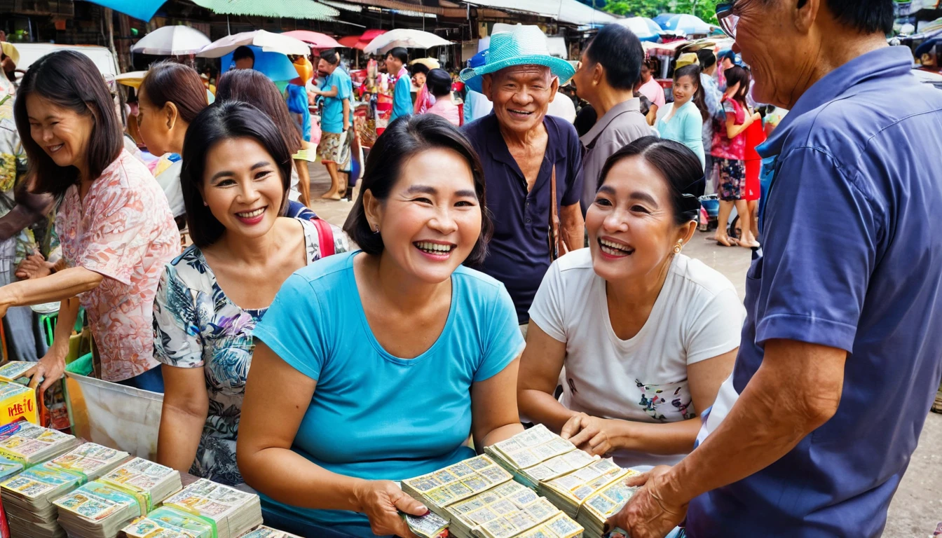 Flea market in Thailand There were people all over the place selling lottery tickets. People are choosing to buy Thai government lottery tickets., , ,, senior adult, very happy face, Thai, summer, middle age adult, very happy face, Thai, spring