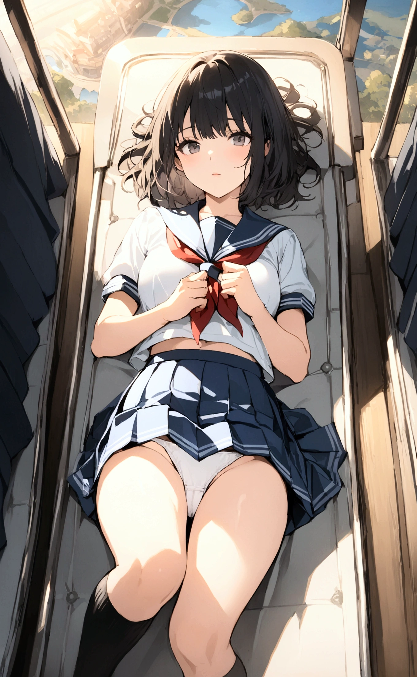 One Woman、crowd、Station platform、beautiful girl、Sailor suit、Pleated skirt、Hold a school bag with both hands、Age: 18、Bob Cut Hair, Highest quality, body type、Small 、Small ass、Black Hair,The train is coming、Black knee-high socks、Cowboy Shot、Ultra-fine images、Angle from directly above、Lying on the ground、Lie down with your legs open、Lying on your back、A man touches my crotch、White cotton panties