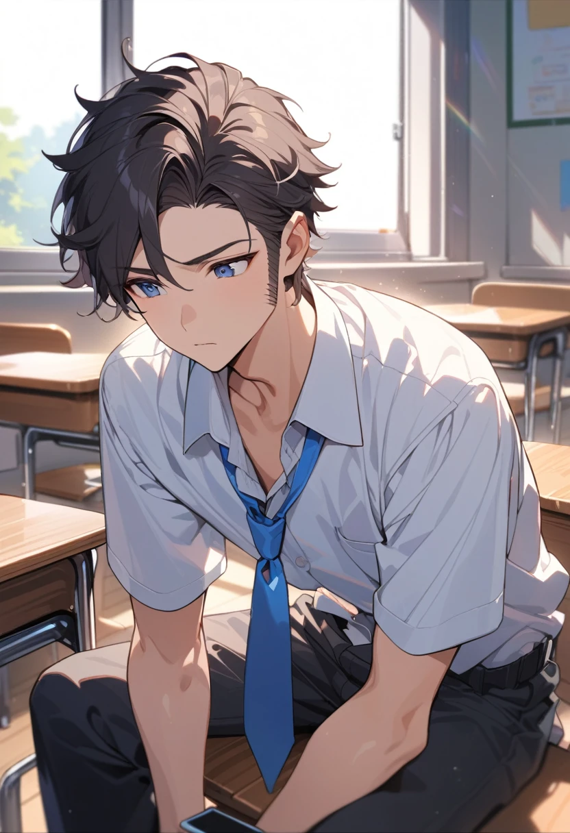 masterpiece, best quality, extremely detailed, ultra detailed, flat anime, 2D, ((1boy)),black hair, (short hair:1.5),blue eyes, height 1.7meters, (circle eyes:1.2), (young adult:1.2), Ear-length sideburns,height 1.7meters, High School Uniforms, white shirt, blue tie, ((short sleeves)), ((long pants)), sitting, closed mouth, thinking, upper body, summer, classroom, 11AM,looking at his smart phone., Operating a smart phone