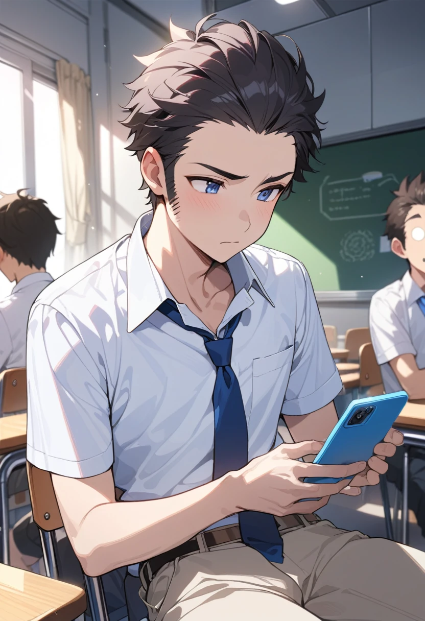 masterpiece, best quality, extremely detailed, ultra detailed, flat anime, 2D, ((1boy)),black hair, (short hair:1.5),blue eyes, height 1.7meters, (circle eyes:1.2), (young adult:1.2), Ear-length sideburns,height 1.7meters, High School Uniforms, white shirt, blue tie, ((short sleeves)), ((long pants)), sitting, closed mouth, thinking, upper body, summer, classroom, 11AM,looking at his smart phone., Operating a smart phone