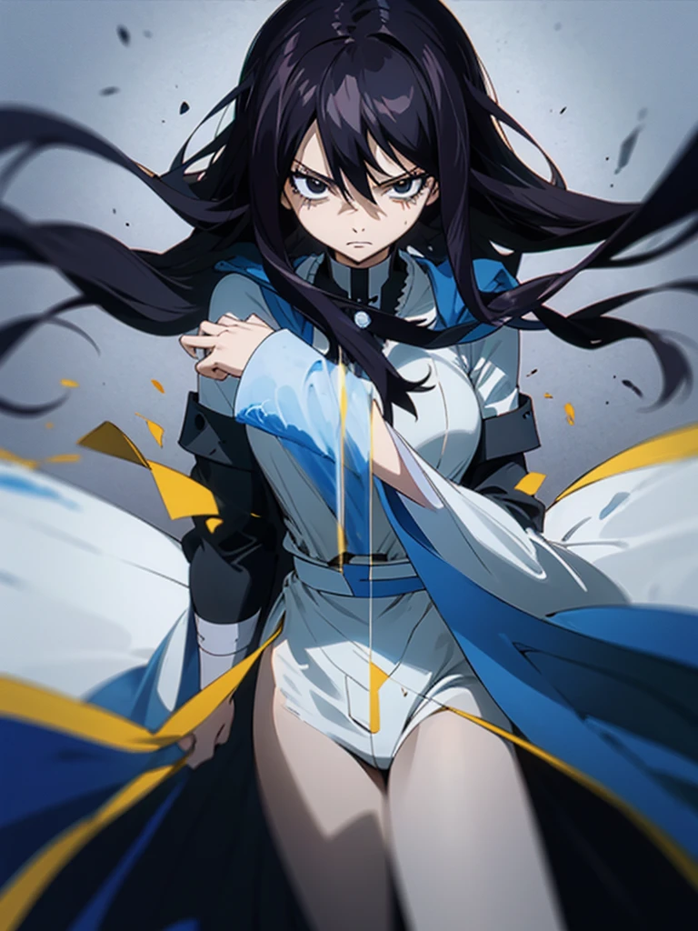 The image features an anime character with long black hair highlighted in blue. The characters have serious and calm expressions. They had large, clear black eyes and dark circles under them. They wore white robes over black high-collared shirts. The background of the picture is black.