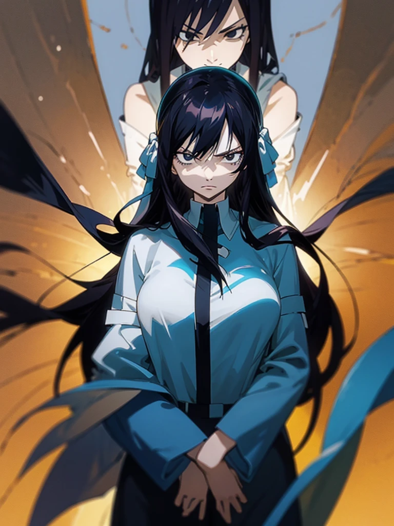 The image features an anime character with long black hair highlighted in blue. The characters have serious and calm expressions. They had large, clear black eyes and dark circles under them. They wore white robes over black high-collared shirts. The background of the picture is black.