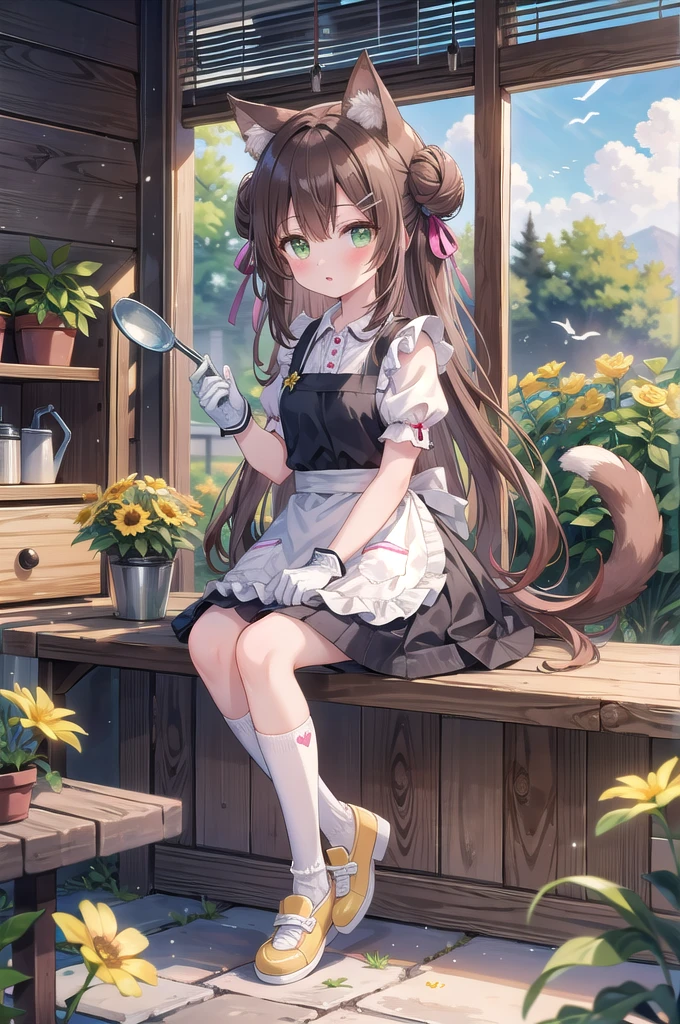 (masterpiece), 1girl, solo, animal, white flower, shirt, animal ears, flower, very long hair, collared shirt, hair bun, socks, long hair, black socks, gloves, green eyes, apron, holding, sitting, hair ornament, blush, parted lips, bangs, looking at viewer, tail, yellow flower, pink footwear, white shirt, animal ear fluff, brown hair, bird, kneehighs, full body, skirt, rose, potted plant, double bun, watering can, hairclip, shoes, grey skir