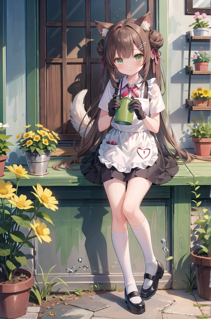 (masterpiece), 1girl, solo, animal, white flower, shirt, animal ears, flower, very long hair, collared shirt, hair bun, socks, long hair, black socks, gloves, green eyes, apron, holding, sitting, hair ornament, blush, parted lips, bangs, looking at viewer, tail, yellow flower, pink footwear, white shirt, animal ear fluff, brown hair, bird, kneehighs, full body, skirt, rose, potted plant, double bun, watering can, hairclip, shoes, grey skir