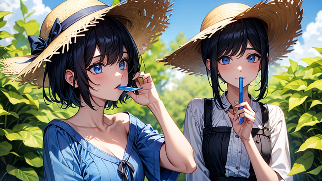 A woman drinking from a plastic bottle、Black Hair、blue eyes、Short Hair、Straw hat