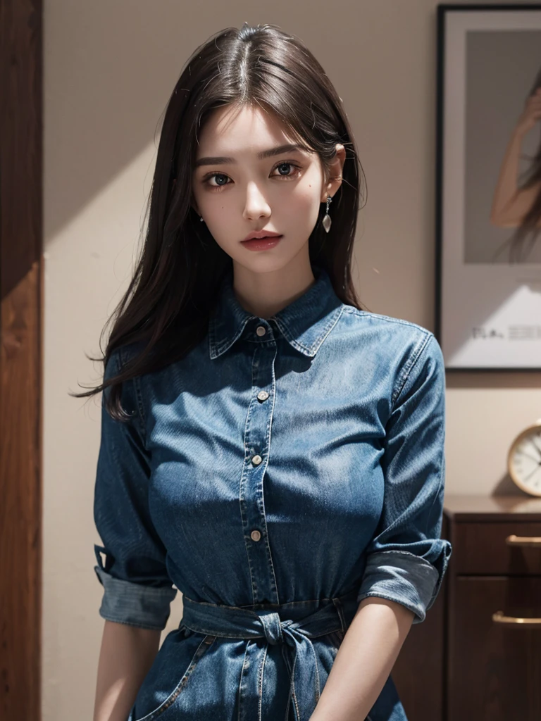 absurdres, RAW photo, extremely delicate and beautiful, masterpiece, Best Quality, ultra high resolution, 32k, hyperrealistic, ultra-detailed, perfect anatomy, anatomically correct, perfect figure, Perfect Style, Perfect balance, super Detailed skin, in her 20s, very Slim body, narrow waist, very small head, very small face, delicate facial features, handsome detailed woman, very detailed eyes and face, realistic face proportions, Realistic beautiful face, Realistic beautiful eyes, tearful mole, earring, big tits, whole body shot, whole legs, medium hair, asymmetrical hair, indoor, (denim collared shirt dress:1.2),