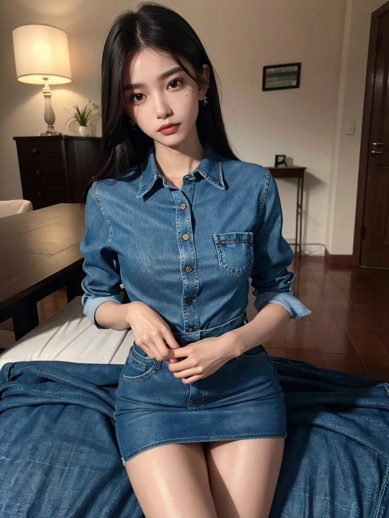 absurdres, RAW photo, extremely delicate and beautiful, masterpiece, Best Quality, ultra high resolution, 32k, hyperrealistic, ultra-detailed, perfect anatomy, anatomically correct, perfect figure, Perfect Style, Perfect balance, super Detailed skin, in her 20s, very Slim body, narrow waist, very small head, very small face, delicate facial features, handsome detailed woman, very detailed eyes and face, realistic face proportions, Realistic beautiful face, Realistic beautiful eyes, tearful mole, earring, big tits, whole body shot, whole legs, medium hair, asymmetrical hair, indoor, (denim collared shirt dress:1.2),
