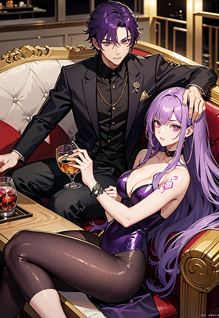 Purple hair, one-block hair, golden eyes, narrow eyes, 27 years old, luxury sofa, whiskey glass, whiskey bottle, 1 person, spider tattoo on the back of the hand, male yakuza