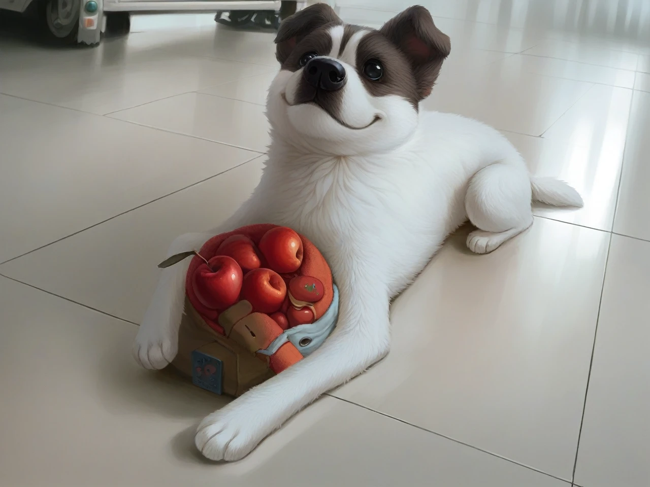 There is a little dog lying down with a toy, Shui Mohua, Cute Toys, Shot with Sony A7R camera, Have the ball, stuffed toy, Shot on Sony Alpha 9, Taken on iPhone 10, he is very happy, With apple, Taken with a Sony A3 camera, ah, He has a treasure