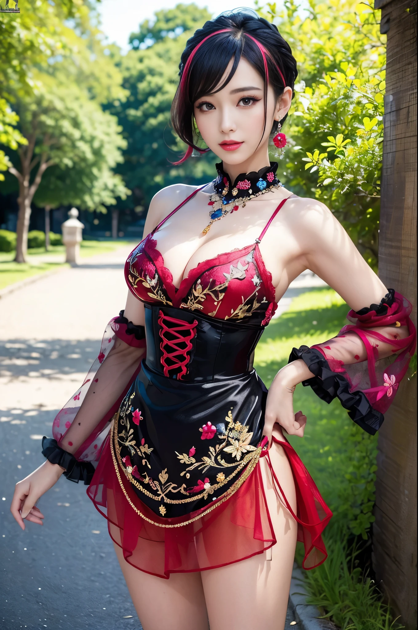 (masterpiece:1.4), (best quality:1.4), ultra high res, ultra high resolution, ((detailed facial features)), HDR, (realistic, photorealistic, photo-realistic:1.37), full body Esbian, sexy Japanese model, (-anime), only 1 model, vivid colors, ((vivid colors colorful very short hair)), (happy smile), lip-gloss, long lashes, gothic makeup, defined eyebrows, wearing large sparkling colorful jewelery, wearing a red silk Paradise Kiss cosplay dress with black floral embroidery, ((vivid colors outfit)), vivid colors, look at the camera, cinematic light, large park background with trees, sweet and sexy pose