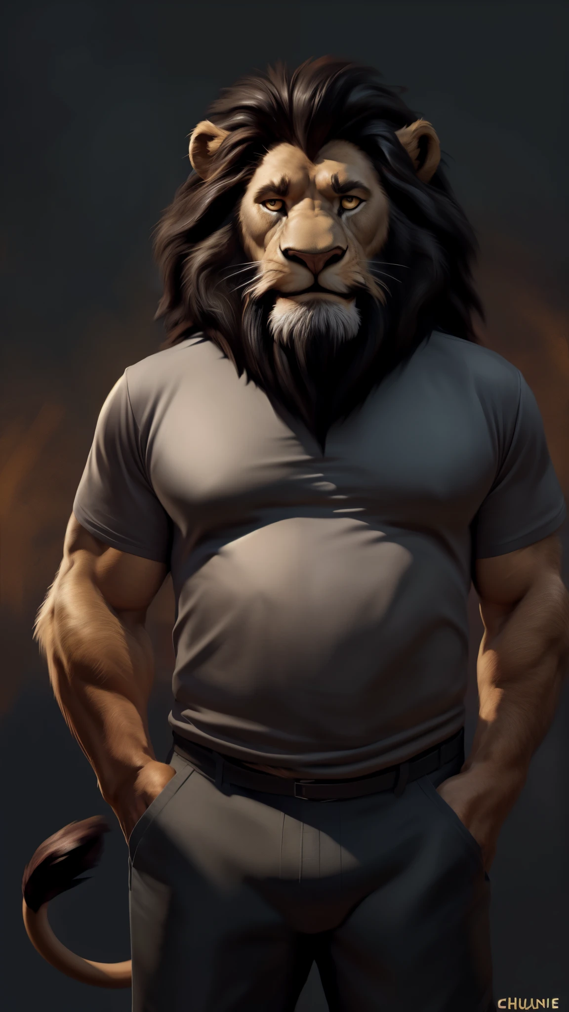 by chunie by catsudon by retros, male,upset,((annoyance)),((middle aged male)),((Bearded)),((Mustache)), felid, solo,(musuclar), ((Lion,tail)),(Black hair), facial hair, facing viewer, ((Highly detailed face)), (((daddy Figure))), ((smilling)), red and orange abstract background, ((grey shirt)),((short pants)),((((wise)))),((DILF)),
