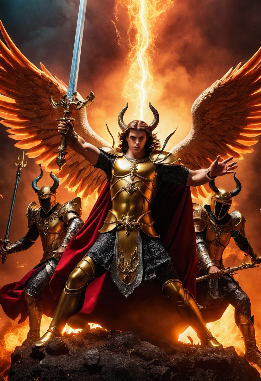 7 male archangels battling satans and devils and archangels dominating battle with them , with weapons