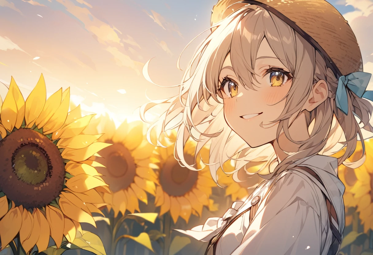 high resolution、Sunflower field、One girl,Upper Body,smile,I'm laughing so hard my eyes are closing,A big smile,Black Hair,long,Shiny Hair, hand to own mouth、holding flowers in hand