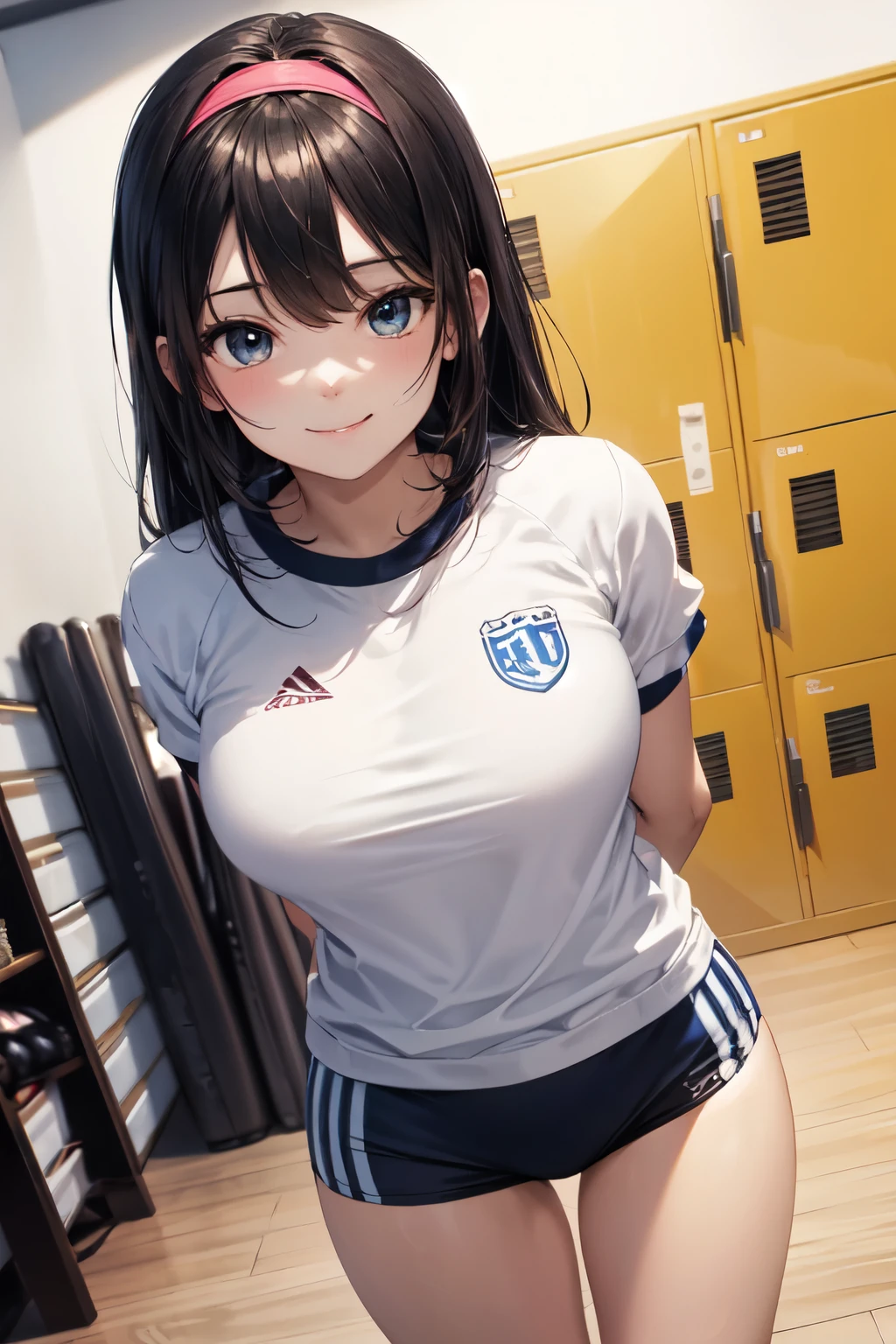 very cute and beautiful girl,(highly detailed beautiful face and eyes),(smile),happy,looking at viewer, (japanese ladies gym uniform),(blue bloomers),sitting,spread legs,arms behind back, locker room in training gym,black hair,hair band, (best quality,masterpiece),absurdres,highres,ultra-detailed,extremely detailed,32k,8k resolution, intricate details,cinematic scene,detailed background,solo,dynamic angle,realistic,