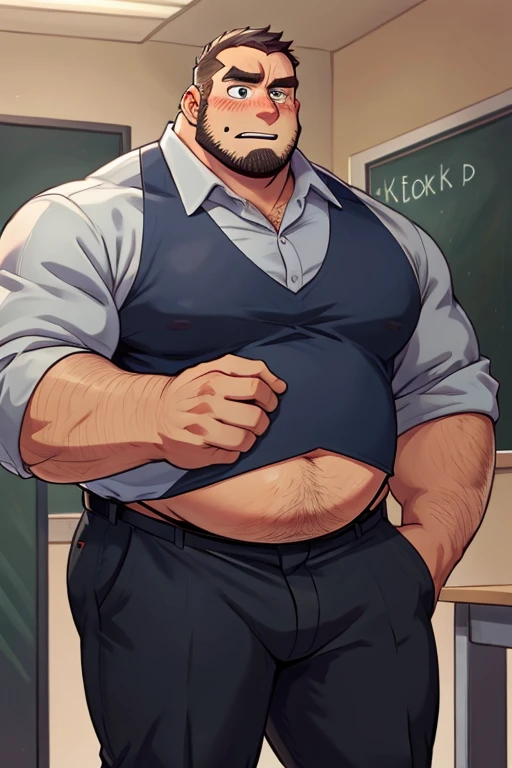 Giant male ugly teacher, shocked, looking at self, body swapped woth someone else,, giant man, fat man,, body swap literally, balding, fully clothed,