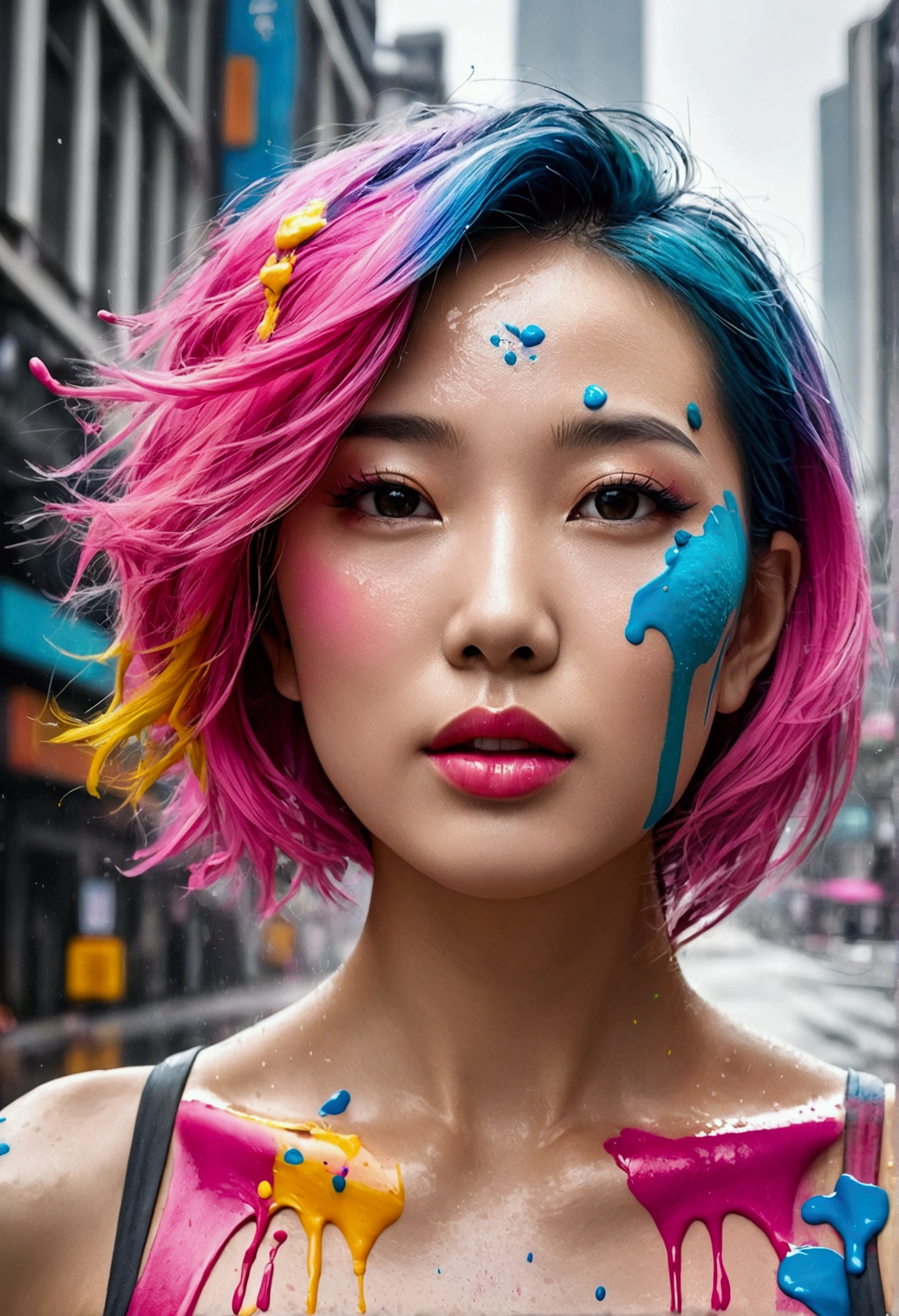 (masterpiece, Highest quality, High resolution), Downtown Shanghai背景, ((Paint splashes, Color Splash, Ink splash, Color Splash)), Kind Chinese girl, Rainbow Hair, Pink Lips, front,Downtown Shanghai、Digital City、Futuristic upper body、rain