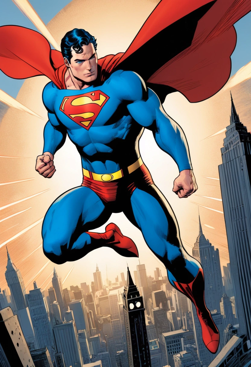 1girl,classic superhero,comic book art style,superman,muscular male,strong jawline,piercing blue eyes,short black hair,red cape,blue and red costume,flying pose,sky background,dramatic lighting,cinematic composition,detailed facial features,highly detailed,4k,8k,photorealistic,vibrant colors,dynamic action pose