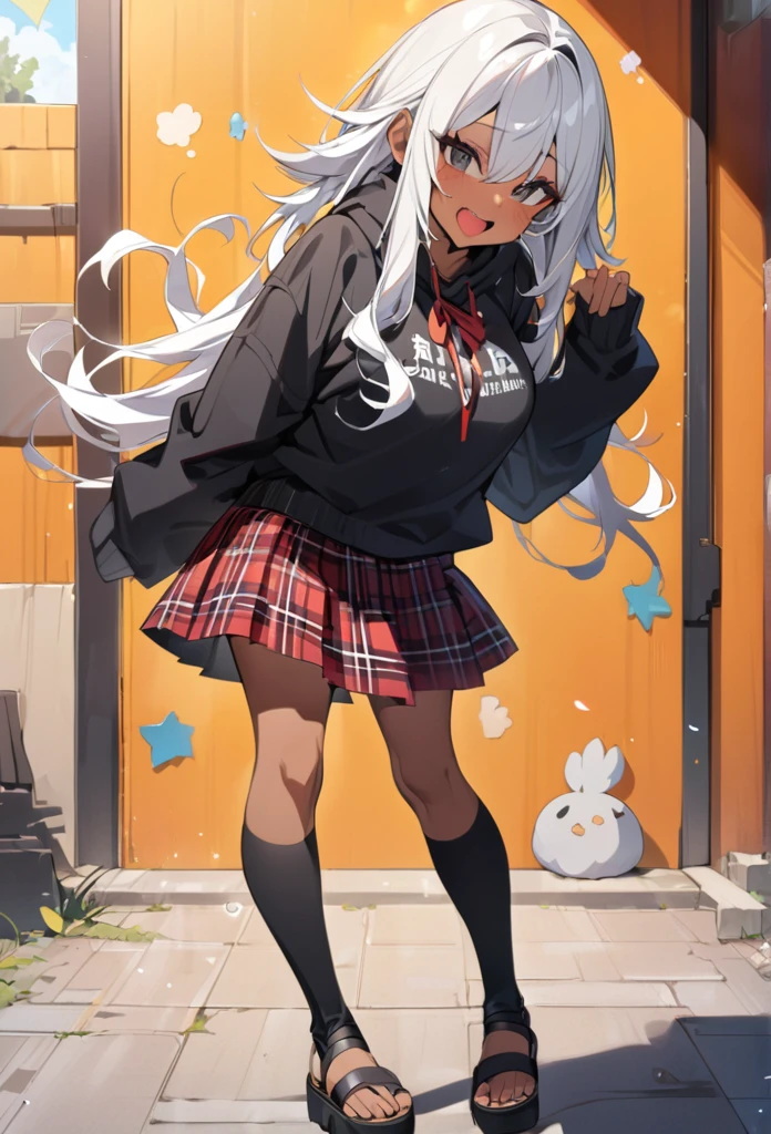 (anime style),masterpiece, best quality, extremely detailed,18Year old,tanned skin,dark skin, Beautiful tall body,baby face,Large breasts,BREAK,multicolored colorful White hair,flipped hair,for head,BREAK,black eyes,best smile,open mouth,detailed lips,BREAK,cotton black big ribbon,BREAK,oversized school sweater、tartan check Skirt,glossy spats,sandals,childish pose,break,head tilt,school zone