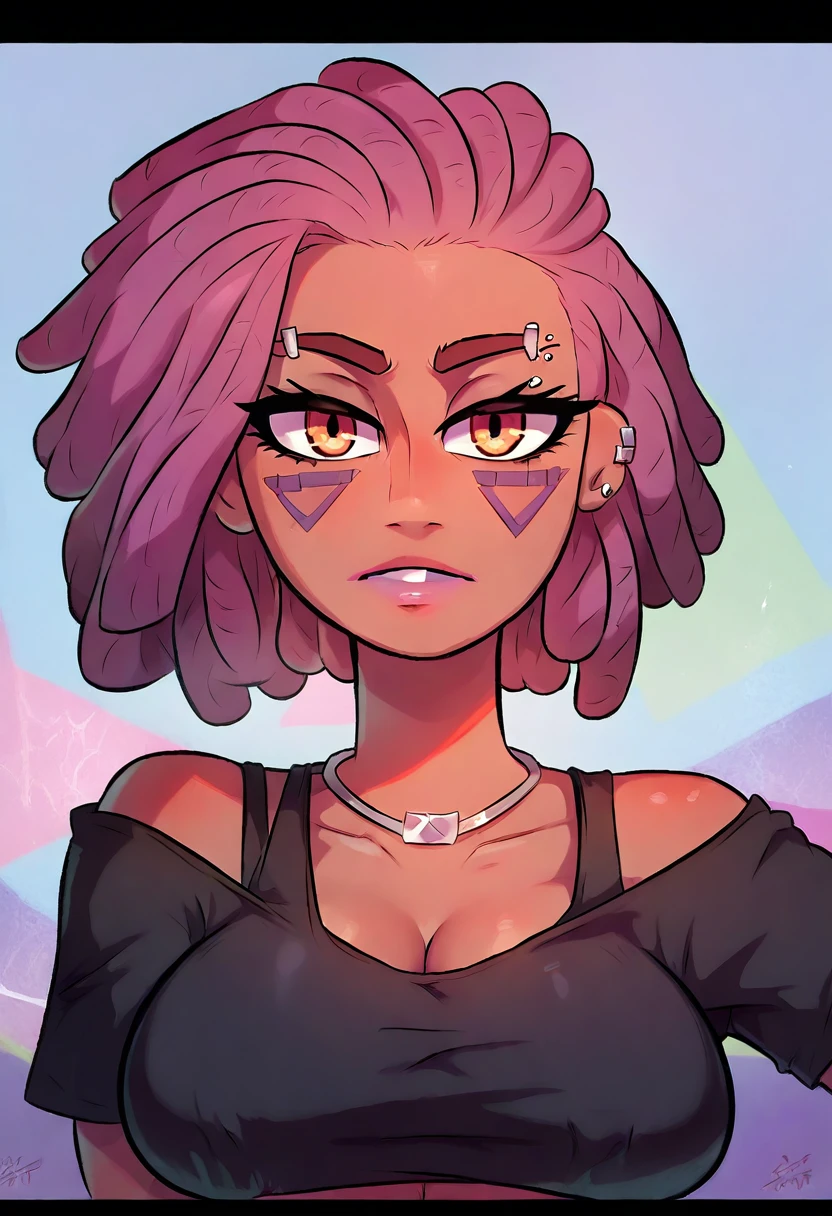 (masterpiece:1.2), (best quality), (ultra detailed), (8k, 4k, intricate),(full-body-shot:1), (highly detailed:1.2),(detailed face:1.2), (detailed background),there is a young woman with black and magenta dreadlocks and piercings posing for a picture, with curly magenta hair, big breasts, sexy black crop top and silver necklace with a diamond on it