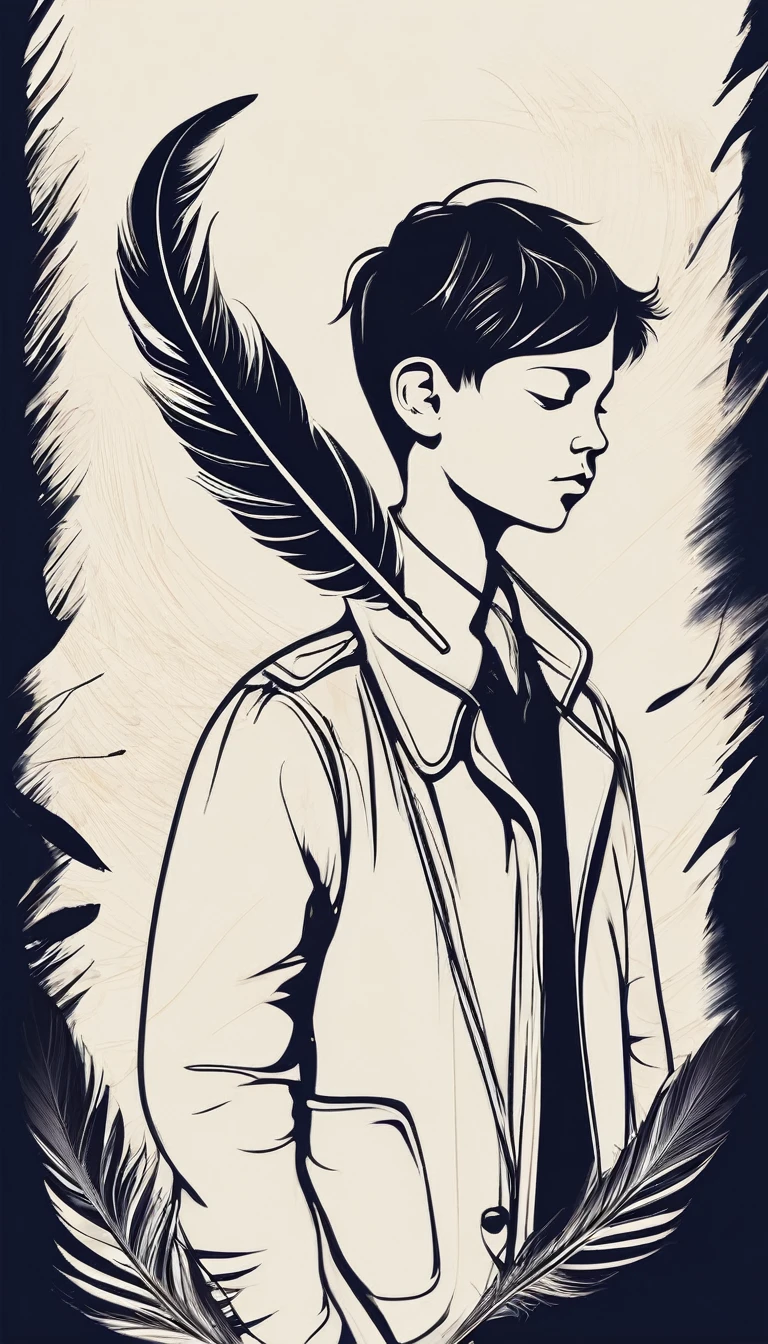 A minimalist, fantastic, poetic, dreamy, captivating, memorable, masterpiece, modern, simple logo design of a boy and a feather for the brand “Penamemoria". The logo must convey a sense of music, stories and dreams. Minimalistic logo design of a boy and a feather.