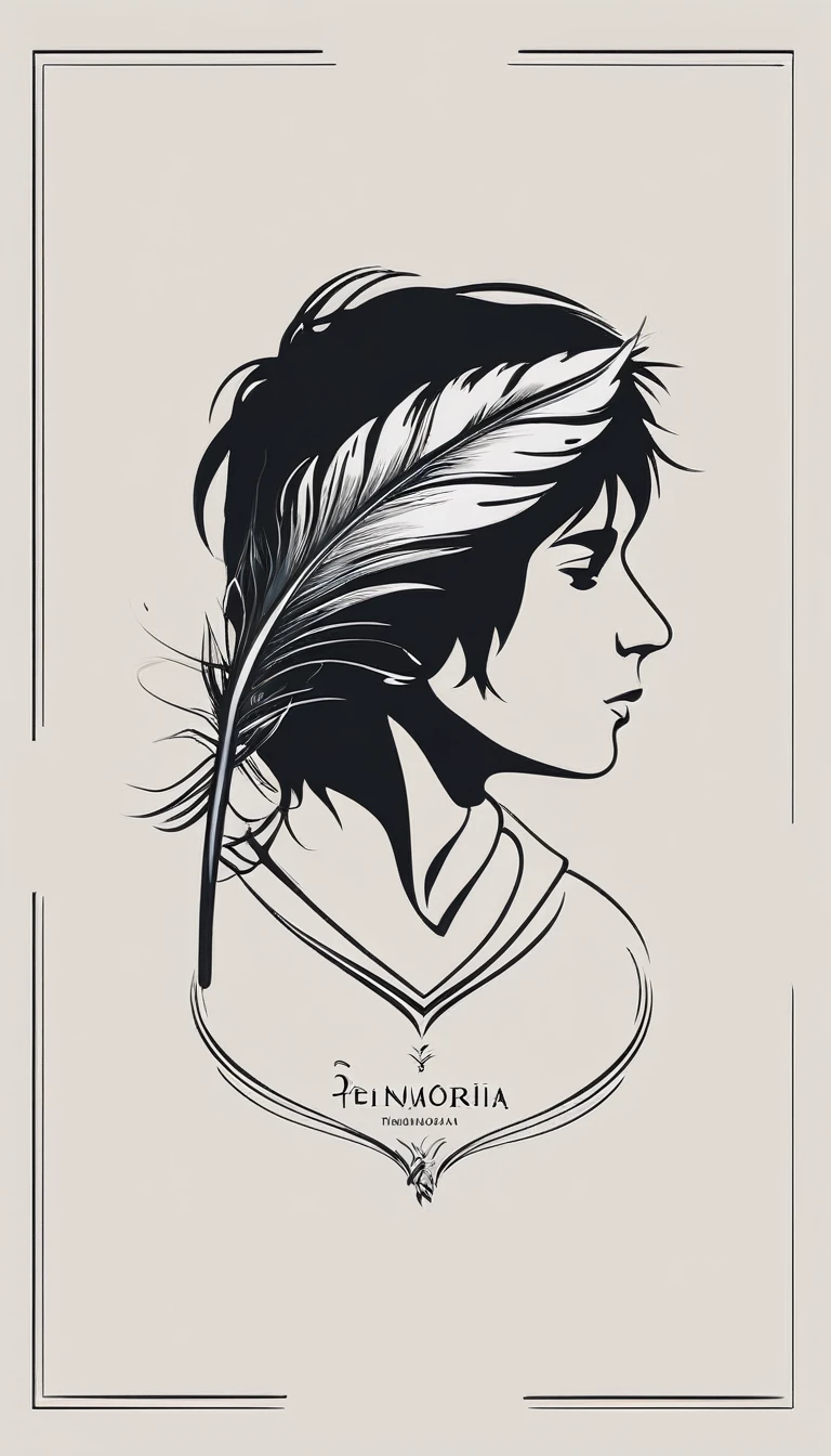 A minimalist, fantastic, poetic, dreamy, captivating, memorable, masterpiece, modern, simple logo design of a boy and a feather for the brand “Penamemoria". The logo must convey a sense of music, stories and dreams. Minimalistic logo design of a boy and a feather.