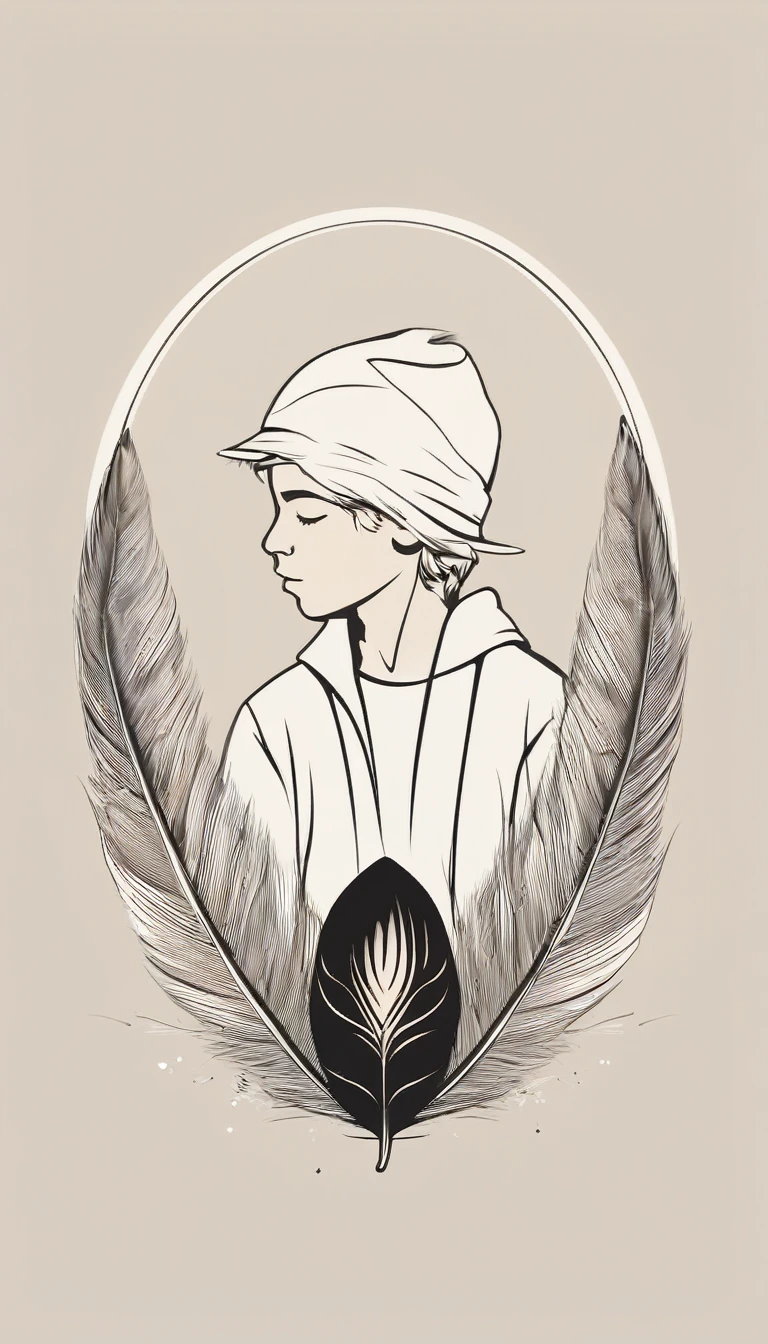 A minimalist, fantastic, poetic, dreamy, captivating, memorable, masterpiece, modern, simple logo design of a boy and a feather for the brand “Penamemoria". The logo must convey a sense of music, stories and dreams. Minimalistic logo design of a boy and a feather.