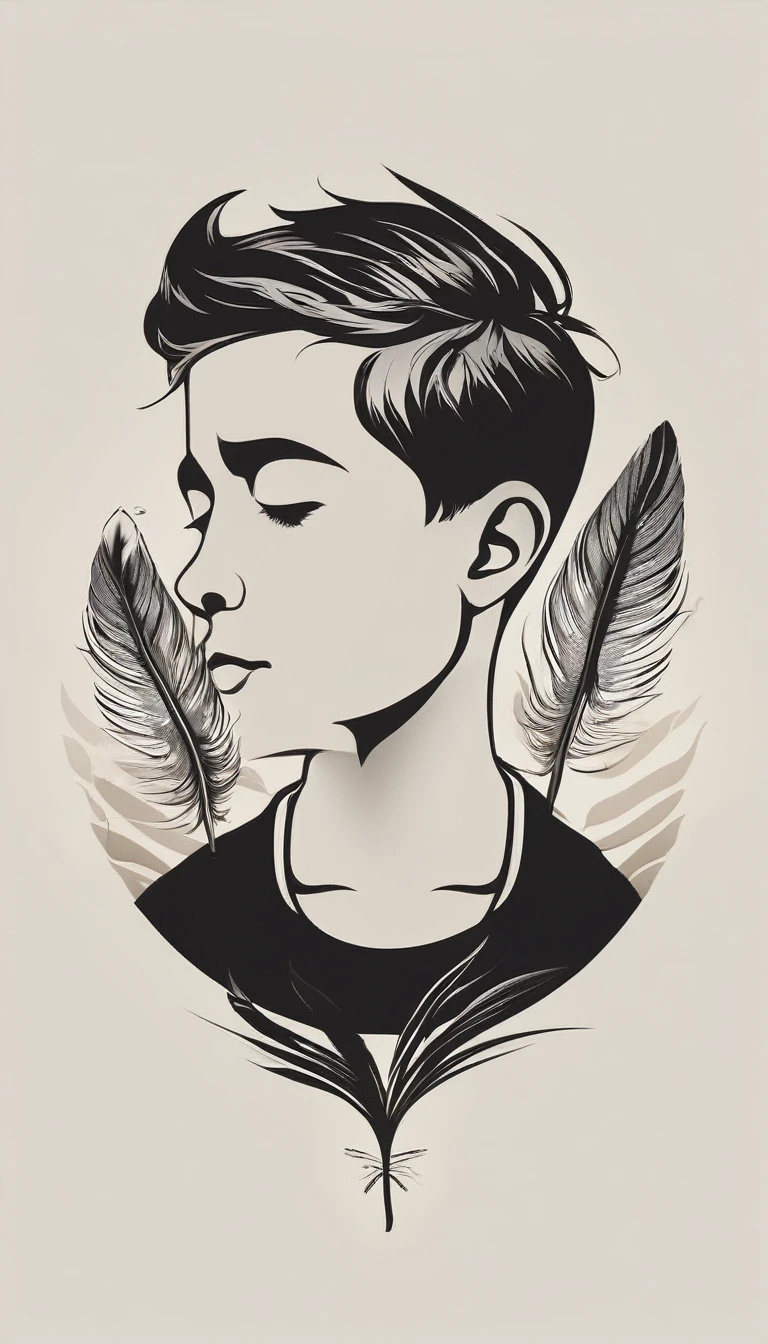 A minimalist, fantastic, poetic, dreamy, captivating, memorable, masterpiece, modern, simple logo design of a boy and a feather for the brand “Penamemoria". The logo must convey a sense of music, stories and dreams. Minimalistic logo design of a boy and a feather.