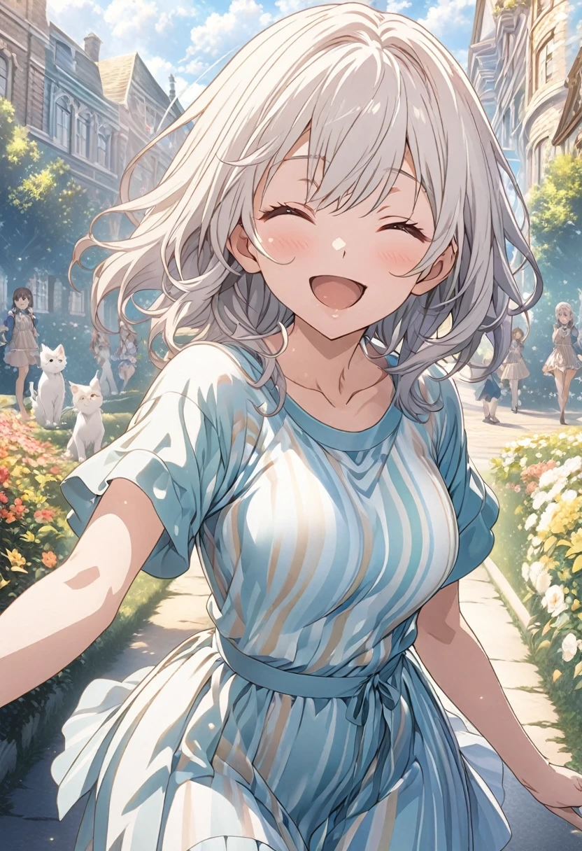masterpiece, Highest quality, Highly detailed CG Unity 8k wallpaper, High School Girl Anime Illustration. Please wear a fitted short-sleeved knitted striped mini dress、She turns around and looks at this, she has her eyes closed and mouth open, smile. The background is a light pastel colored landscape., white hair color, Yellow Eyes, Cowboy Shot、Happy looking kitten, 