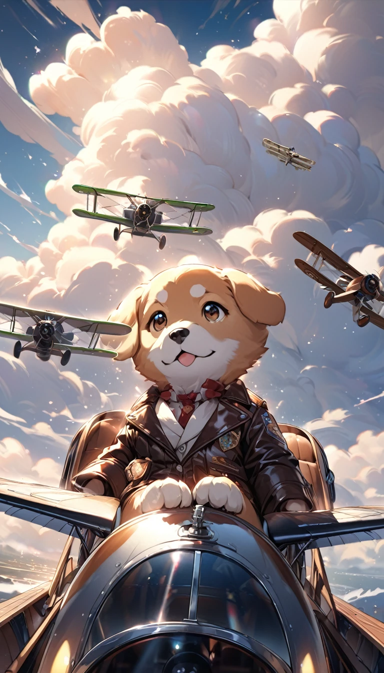 Highest quality, Highest quality, 16K, software, Unbelievably absurd, Very detailed, delicate and dynamic, Natural light, The particles reflect light beautifully, Diffuse reflection of light, Vortex of Light, Aerial, biplane, cumulonimbus, , Create amazing image effects, Body close-up, biplane, (Cute Puppy,,,Serious,, Biplane pilot, Leather jacket,, Sit in the cockpit, Puppy pilots biplane)