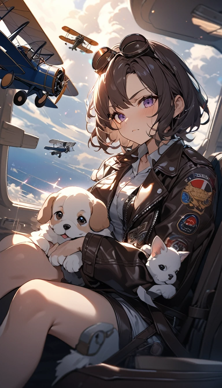 Highest quality, Highest quality, 16K, software, Unbelievably absurd, Very detailed, delicate and dynamic, Natural light, The particles reflect light beautifully, Diffuse reflection of light, Vortex of Light, Aerial, biplane, cumulonimbus, , Create amazing image effects, Body close-up, biplane, (Cute Puppy,,,Serious,, Biplane pilot, Leather jacket,, Sit in the cockpit, Puppy pilots biplane)