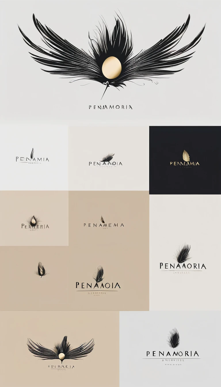 A minimal, modern, simple, cinematic logo design for the brand “Penamemoria". Create a modern, minimalistic, high-quality, logo of a memory feather. The logo must be convey a sense of dreams, stories, memories, music and imagination.