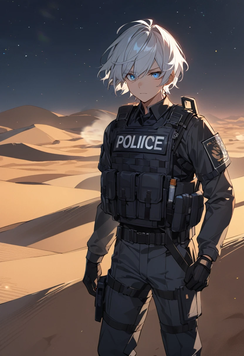 Male black police suit, solo, white hair, blue eyes, short hair, desert, night