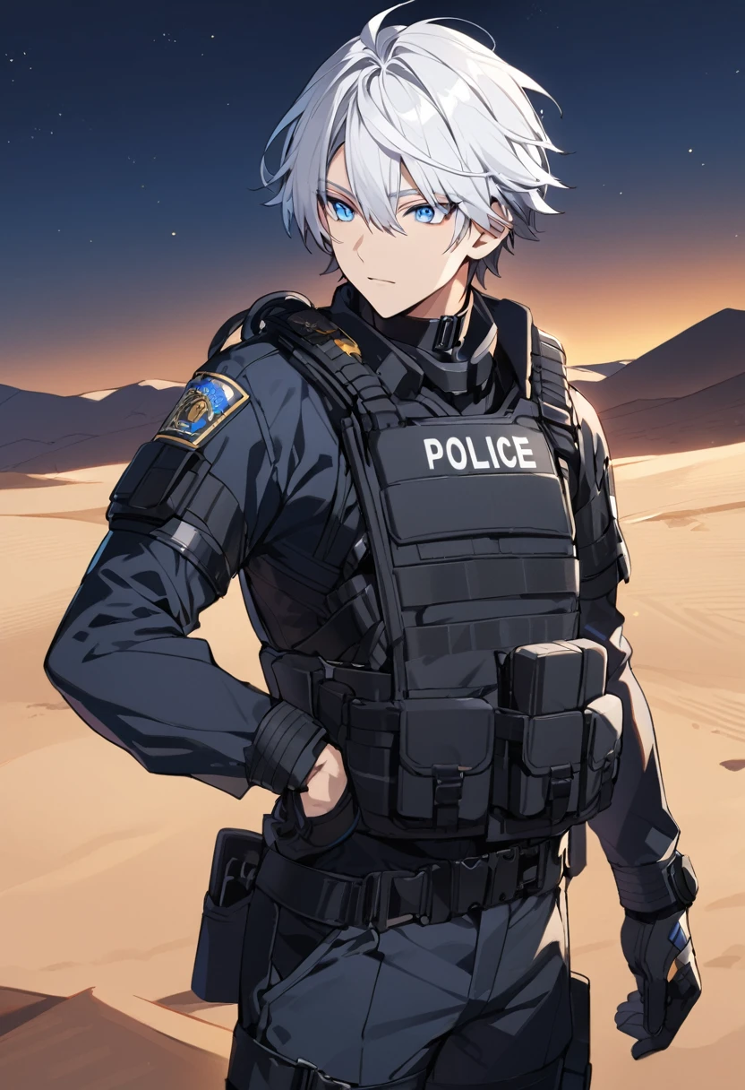 Male black police suit, solo, white hair, blue eyes, short hair, desert, night