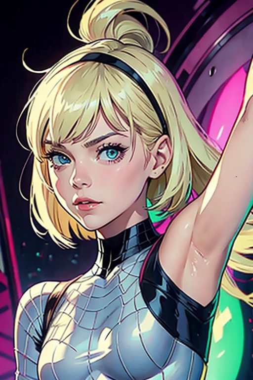 {{{gwen stacy}}}, spider-gwen, spider-verse, artist:incase, artist:rustle, takamichi, artist:fizrotart, [[[[fkey]]]], very aesthetic, best quality, nsfw, small breasts, undercut, solo, completely nude, {{pubic hair}}, , best quality, amazing quality, very aesthetic, absurdres