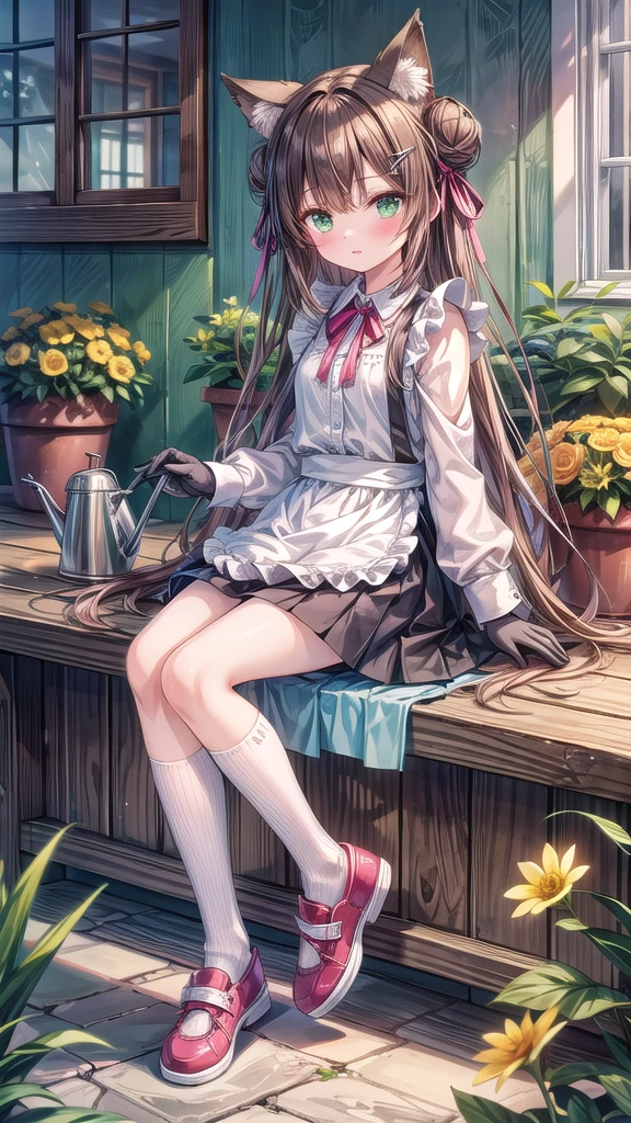 (masterpiece), 1girl, solo, animal, white flower, shirt, animal ears, flower, very long hair, collared shirt, hair bun, socks, long hair, black socks, gloves, green eyes, apron, holding, sitting, hair ornament, blush, parted lips, bangs, looking at viewer, tail, yellow flower, pink footwear, white shirt, animal ear fluff, brown hair, bird, kneehighs, full body, skirt, rose, potted plant, double bun, watering can, hairclip, shoes, grey skir