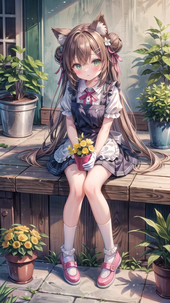 (masterpiece), 1girl, solo, animal, white flower, shirt, animal ears, flower, very long hair, collared shirt, hair bun, socks, long hair, black socks, gloves, green eyes, apron, holding, sitting, hair ornament, blush, parted lips, bangs, looking at viewer, tail, yellow flower, pink footwear, white shirt, animal ear fluff, brown hair, bird, kneehighs, full body, skirt, rose, potted plant, double bun, watering can, hairclip, shoes, grey skir