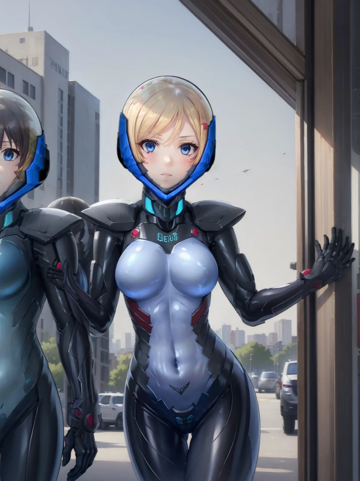 short hair, street, emo, BLACK hair, white eyes, eyeliner, apocalypse, girl, running, road, city, short hair, outdoors, cinematic light, medium breasts, covered navel, space helmet, muvluv, space helm, plug suit 02,Shikinami Asuka Langley, Evangelion, short hair,(Masterpiece: 1.4, highest quality), (intricate details), Unity8k wallpaper, super detailed, beautiful and mysterious, detailed background, realistic, solo, perfect detail face, detailed blue eyes, very detailed, blush, hair ornament, chignon mahogany hair, (blonde hair,, space helmet, eva helm, space suit, short hair