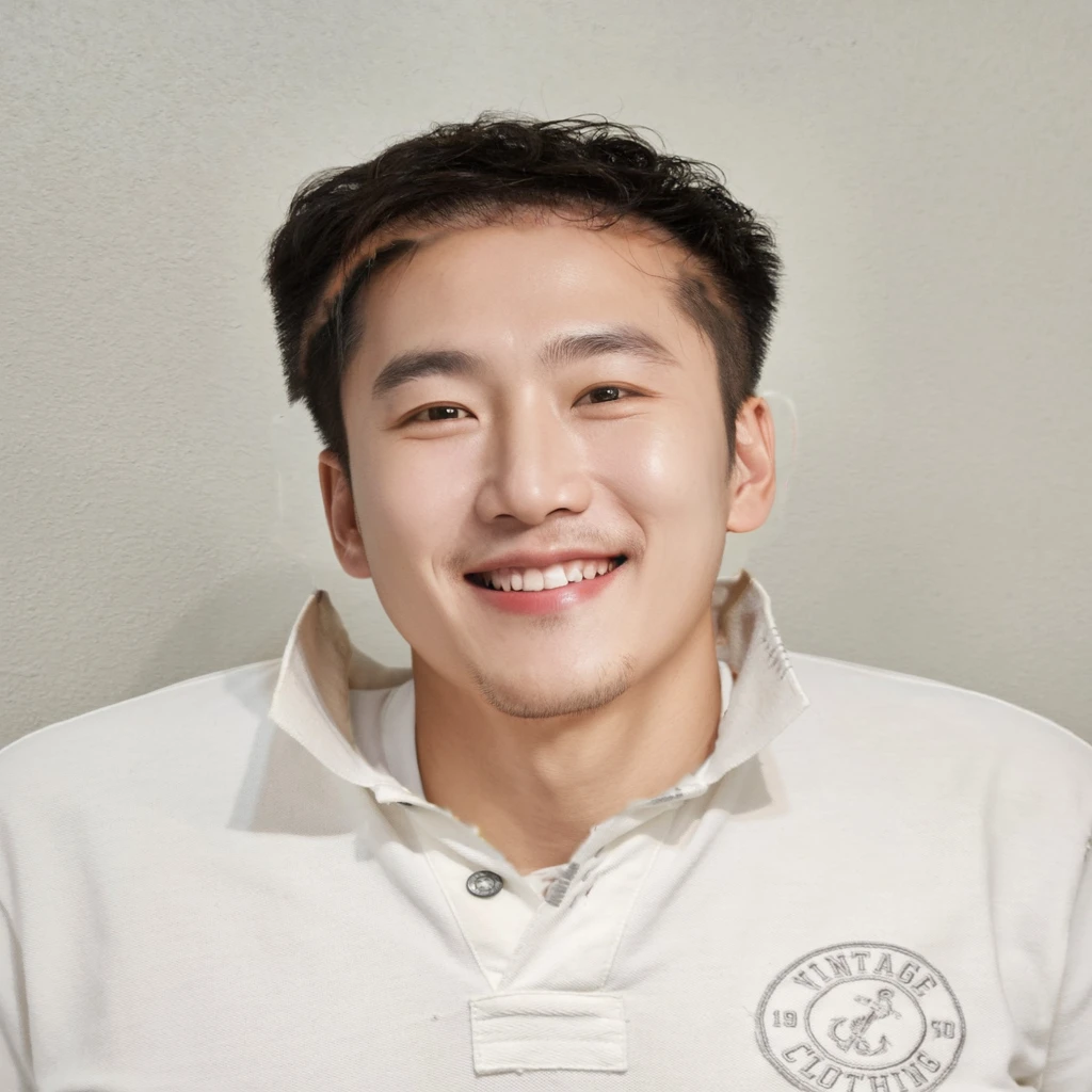 Best Quality, 8k, Masterpiece, (Portrait: 1.3), (photo realistic:1.4), (hyper realistic:1.4), Sharp Focus, looking at viewer, (smoother lighting:1.1), (increase cinematic lighting quality:0.9), realistic lighting, backlighting, light on face, ray trace, (brightening light:1.2), (Increase quality:1.4), sharp detail, (best quality real texture skin:1.4), finely detailed eyes, black_eyes, finely detailed face, 25 year old Korean man,smiling_face