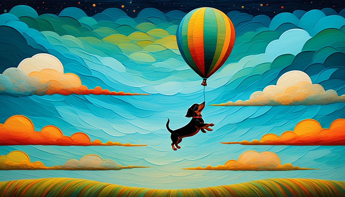 joy and fun: a dachshund puppy is flying in a balloon, (Andy Kehoe style), very colorful, ((palette of oil painting)), aesthetics, ((masterpiece)), extreme detail, expressionism, perspective, 8k