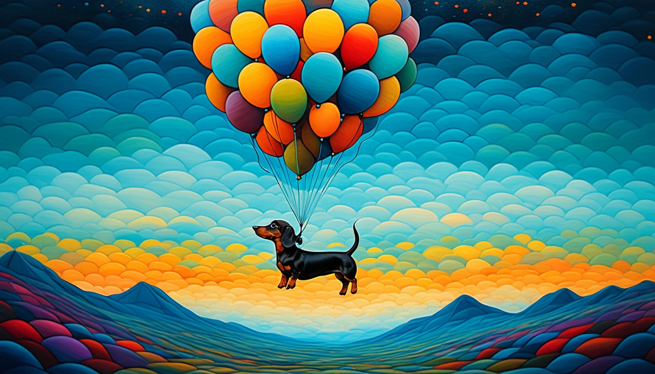 joy and fun: a dachshund puppy is flying in a balloon, (Andy Kehoe style), very colorful, ((palette of oil painting)), aesthetics, ((masterpiece)), extreme detail, impressionism, perspective, 8k