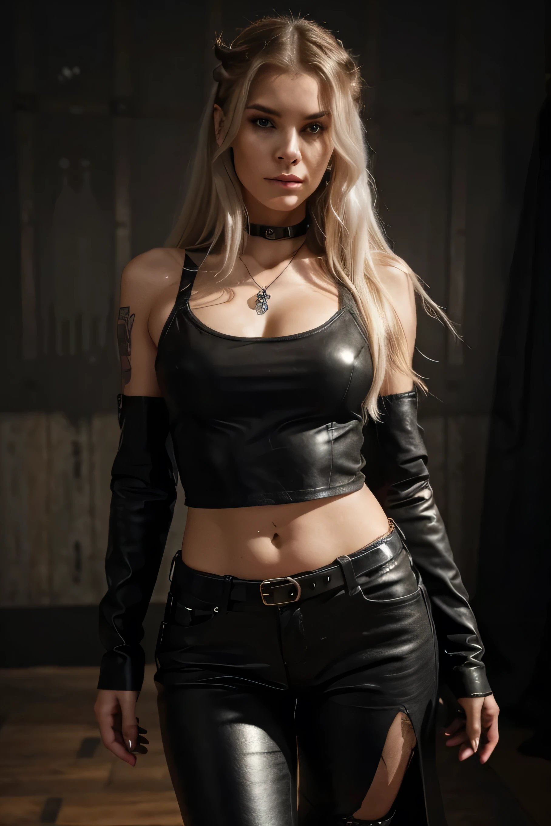 Create a realistic image of a 23-year-old Russian woman with the following characteristics: She has fair, pale skin typical of northern Europe. Her hair is light blonde, almost platinum, and very long, reaching down to her waist, styled straight or slightly wavy with a modern, casual cut. Her body is thin. She has an oval-shaped face with green or gray eyes that convey a penetrating and confident gaze. Her makeup is dark style, with dark eyeshadows around her eyes, either black or wine, giving her a serious expression with a touch of mystery and intensity. She has a noticeable scar on her mouth, adding to her unique and enigmatic appearance. The young woman has Nordic (Viking) tattoos, with runic symbols and mythological elements, visible on her arms (sleeves), her neck, and perhaps some on her hands. Her clothing style is dark/gothic, but conservative, wearing black or dark-toned clothes. On the upper body, she wears a black T-shirt or top, possibly with rock band prints or gothic elements. On the lower body, she wears black leather pants or dark jeans, possibly ripped. She is also wearing pieces of metallic armor, adding to her fierce and warrior-like presence. Accessories include leather bracelets, necklaces with cross pendants or Nordic symbols, silver bracelets, leather gloves, and chains. Her footwear consists of black leather boots, mid-calf or high. She wear long dresses. She is catholic.