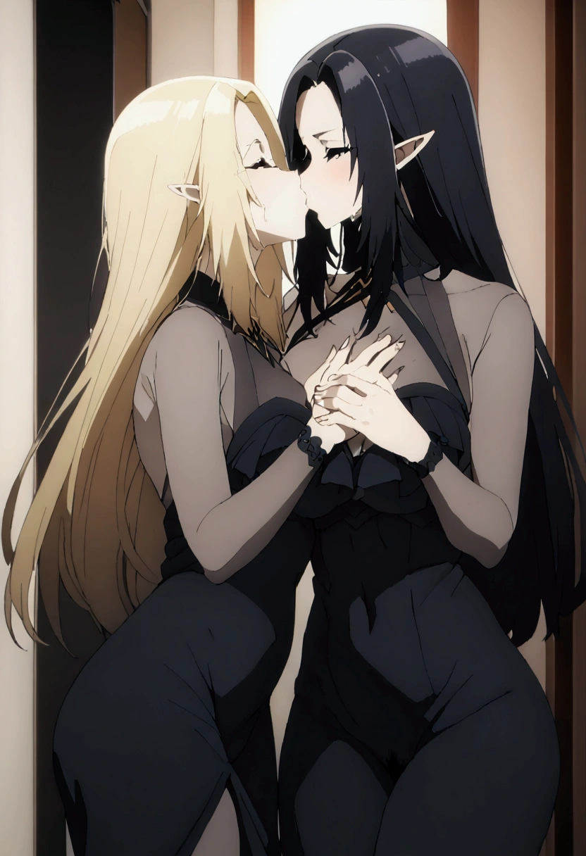 Two Women,Alpha ,Long blonde,gamma,Long Black Hair,((Touching the chest)), ((dress))),Big Breasts,BIG ASS, kiss, (adult), (Elf),pubic hair
 ((My crotch is wet)),Love Hotel,My crotch is wet,Are standing,(masterpiece:1.2), High resolution, Highest quality, 8k,