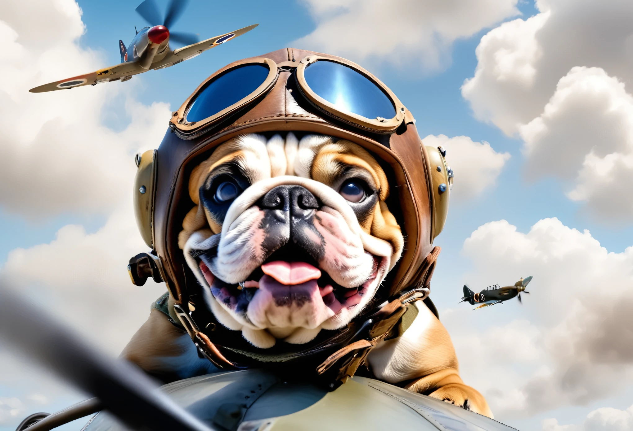 portrait of a british bulldog puppy flying a ww2 spitfire fighter plane, leather pilots helmet, goggles, clouds and blue sky background, sitting cockpit, firing machine gun, straffing machine gun fire, detailed cockpit view, bullets flying