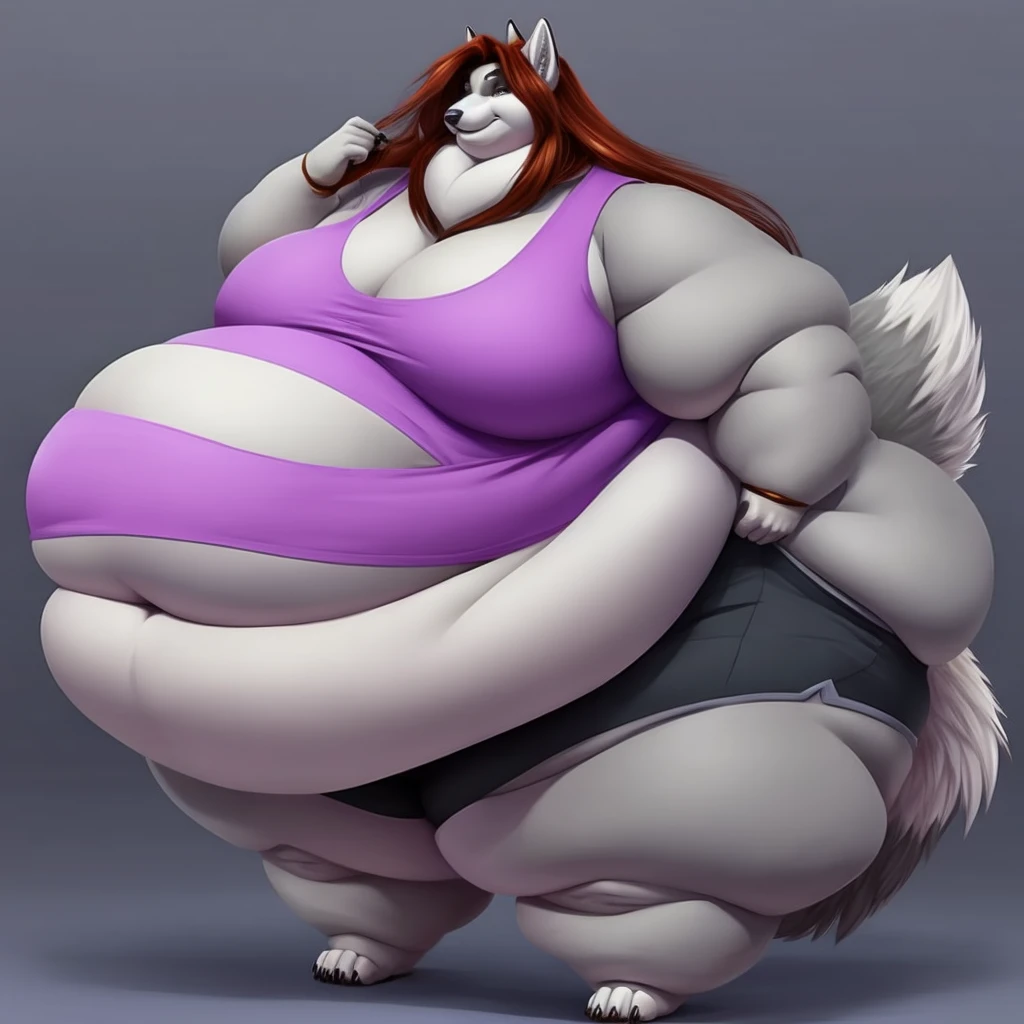 Grey wolf, female, long hair, , massive hips, massive thighs, morbidly obese, fat arms, fat legs, belly rolls, fat rolls,fat neck, chubby cheeks, double chin,big fluffy tail , tank top, shorts ,huge belly, belly overhang 
