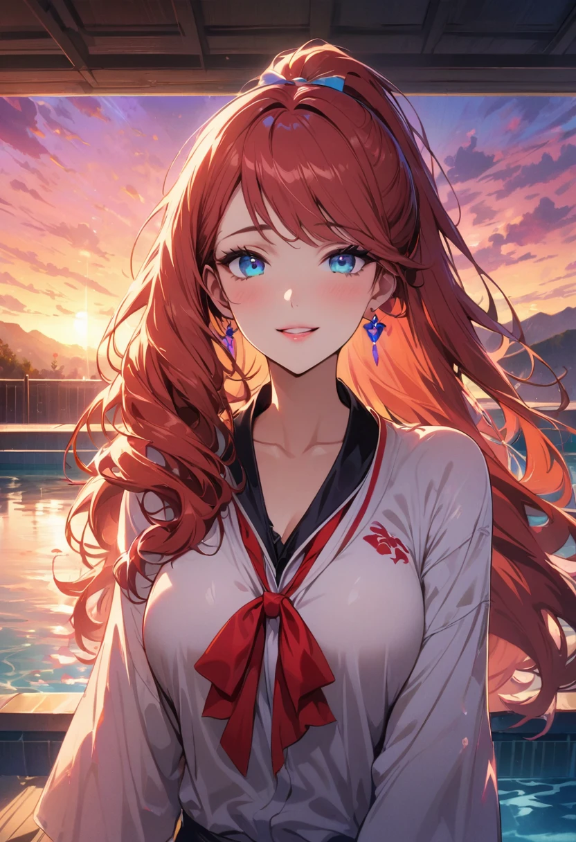 Masterpiece, Highest quality CG, best quality, Picture Perfect, colorful sunset,Lydia at the pool,Beautifully detailed eyes,beautiful lips,earring,shirt collar,blonde high ponytail,blue eyes,Red hair bow,smile,Looking at the audience with delight,Wear a sexy karate uniform.