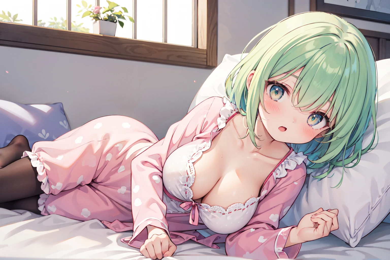 1girl, solo, indoors, on bed, lying, sleepy, pillow, cloled eyes, half-open mouth, blush, breasts, large breasts, cleavage, yellow pajamas, Polka-dot patterned nightgown, medium hair, lime green hair, dark skin, 