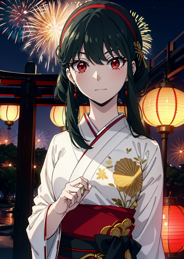 Yorbraia, Yor Briar, Black Hair, (Red eyes:1.5), Earrings, gold hair band, hair band,,smile, Long Hair, Side Lock, (Mid-chest:1.2),Flower Hair Ornaments,black kimono,The place is a fireworks display,Time is night,Japanese Festivals,Summer festival food stalls、Red lantern break outdoors,shrine,
break looking at viewer, whole body,
break (masterpiece:1.2), Highest quality, High resolution, unity 8k wallpaper, (shape:0.8), (Beautiful attention to detail:1.6), Highly detailed face, Perfect lighting, Extremely detailed CG, (Perfect hands, Perfect Anatomy),