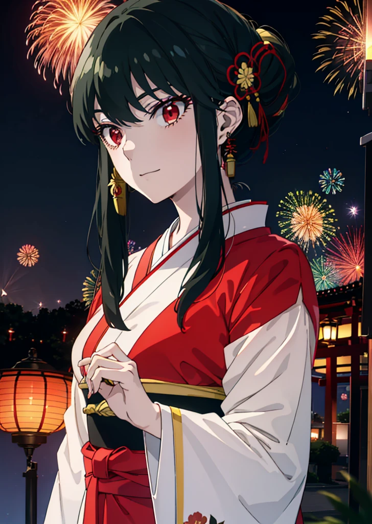 Yorbraia, Yor Briar, Black Hair, (Red eyes:1.5), Earrings, gold hair band, hair band,,smile, Long Hair, Side Lock, (Mid-chest:1.2),Flower Hair Ornaments,black kimono,The place is a fireworks display,Time is night,Japanese Festivals，Summer festival food stalls、Red lantern　　　　　　　break　outdoors,shrine,
break looking at viewer, whole body,
break (masterpiece:1.2), Highest quality, High resolution, unity 8k wallpaper, (shape:0.8), (Beautiful attention to detail:1.6), Highly detailed face, Perfect lighting, Extremely detailed CG, (Perfect hands, Perfect Anatomy),