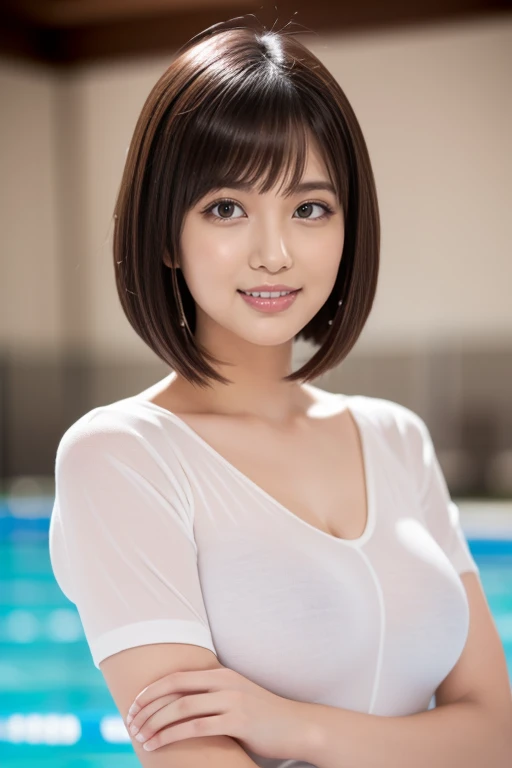 masterpiece)、(Highest quality:1.5)、(Photorealistic:1.2)、(Surreal), (High resolution), (Realistic), (Post-processing),(Sharp focus), Sharp focus:1.2,Backlight, (Improvement of quality:1.4), (Narrow waist)、((Perfectly detailed five-fingered hands)),(Anatomically correct body)、((1 female:1.4))、Japanese、Realistic Skin、(Small chest:1.4)、Bust size is A cup、A pretty woman with a slender figure:1.4,(from the front:1.5), (Enhances the beauty of skin texture:1.1),No makeup、美しいBlack Hair、smile、Natural color lip、(Small Mouth:1.4)、The mouth is not open、Thick lips、(Oval Face)、Even bangs、Hide eyebrows with bangs、((33-year-old woman))、Bob Hair、Hair blowing in the wind, (Black Hair, Iris, Watery eyes, Shining Eyes, Bob cut hair,), Hair behind the ear、No makeup、(Drooping eyes)、(((One lovely woman)),((優しい大きなsmile)),(( Small breasts,Small breastsの谷間)),((((Plump Cheeks)))),very cute,(Baby Face),Raccoon face,wear a white jersey、Indoor Pool Arena、Hair is wet、((whole body))、Stand on tiptoes、