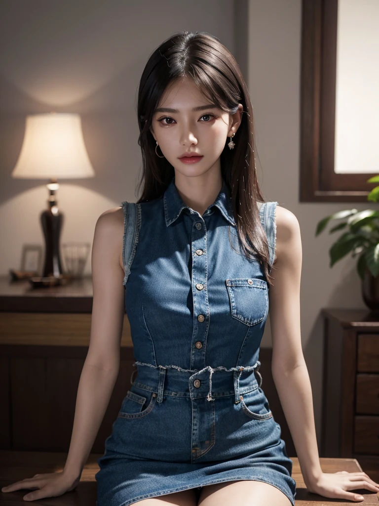 absurdres, RAW photo, extremely delicate and beautiful, masterpiece, Best Quality, ultra high resolution, 32k, hyperrealistic, ultra-detailed, perfect anatomy, anatomically correct, perfect figure, Perfect Style, Perfect balance, super Detailed skin, in her 20s, very Slim body, narrow waist, very small head, very small face, delicate facial features, handsome detailed woman, very detailed eyes and face, realistic face proportions, Realistic beautiful face, Realistic beautiful eyes, tearful mole, earring, huge tits, whole body shot, whole legs, medium hair, asymmetrical hair, indoor, denim collared shirt dress, sleeveless,